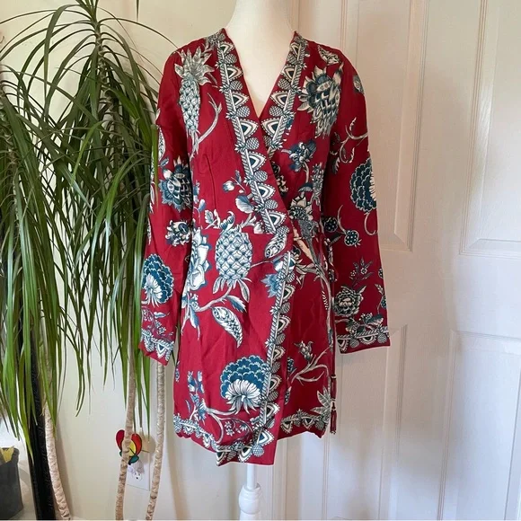 FARM Rio Dress Tropical Landing Red Wrap Long Sleeve V-Neck Mini Dress Medium
